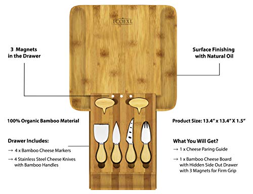 Bamboo Cheese Board and Knife Set with Cheese Markers; Including Gift Packaging & Cheese Pairing Manual, Perfect Bamboo Charcuterie Board Set For Housewarming Gift & Cheese Board Set for Gatherings