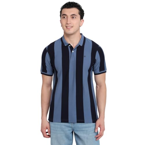 Image of Raymond Men Modern Fit Stripe Pattern Pure Cotton Polo Neck Half Sleeve Casual T-Shirt