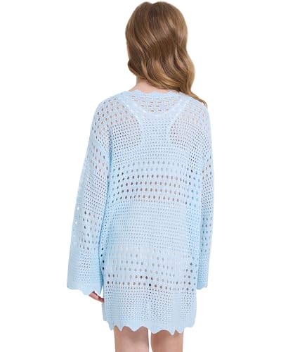 WULFUL Girl's Crochet Long Sleeve Swimwear Cover Up Summer Beach Dress Swimsuit3