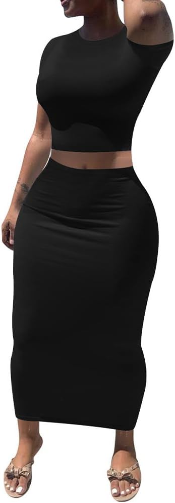PINSV 2 Piece Outfits For Women Sexy Dress Short Sleeve Crewneck Crop Top Maxi Bodycon Dress Long Skirt Set Casual Dresses-Black-L