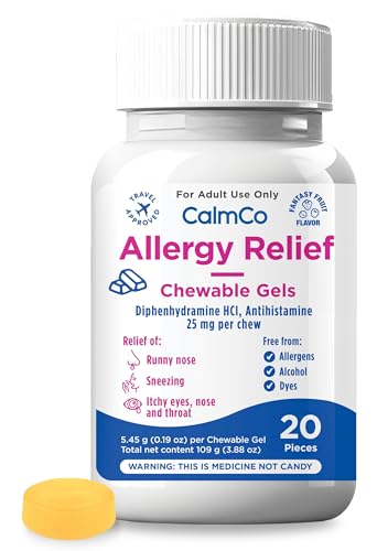 CalmCo Adult Allergy Relief with Diphenhydramine HCl 25 mg - Chewable Antihistamine for Sneezing, Runny Nose & Itchy Eyes, Nighttime Allergy Medicine for Ages 12+, Fantasy Fruit Flavor, 20 Count