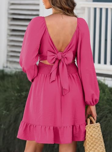 Image of Dokotoo Womens Dress Lantern Sleeve Elastic Waist Tie Backless Mini Dress | Square Neck,Off Shoulder,Flowy,Ruffle A-Line,Casual,Mini Dress,Beach Vacation Clothes,Fall Outifits,Wedding Guest,Boho