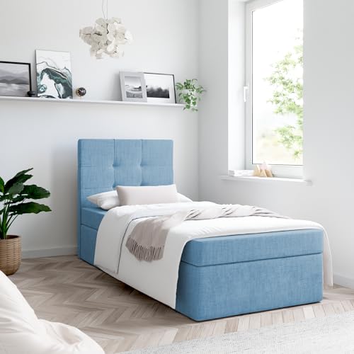 Generisch Moderne Bett MERA MINI Boxspringbett mit Bettkasten Ziernähten Bonell Matratze H3 Federkern ohne Topper Polsterbett Einzelbett Schlafzimmer (Blau: Aura 13, 80 x 200 cm) Generisch Moderne Bett MERA MINI Boxspringbett mit Bettkasten Ziernähten Bonell Matratze H3 Federkern ohne Topper Polsterbett Einzelbett Schlafzimmer (Blau: Aura 13, 80 x 200 cm)