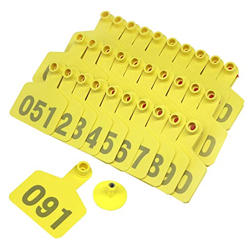 N   A Cattle Ear Tag Numbered Cow Ear Tags with Numbers Yellow 001-100 Plastic Livestock Ear Tags for Animal Goat Calf Sheep Pig Hog