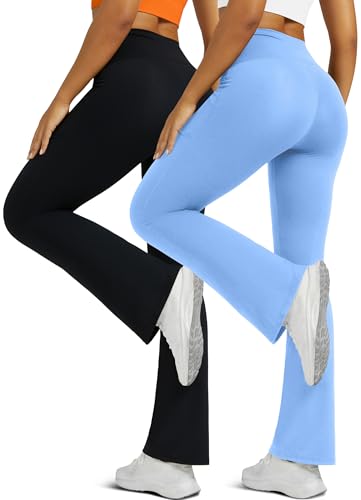 Image of Flare Leggings for Women with Pockets 2pack High Waisted Crossover Flare Leggings Bootcut Yoga Pants