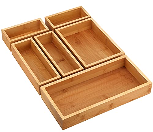 MaxGear Drawer Organizer 100% Natural Bamboo Drawer Organizer 6-Pieces Stackable Wood Kitchen Drawer Organizer Multi-use Desk Drawer Organizer with Various Sizes for Office, Kitchen, Bedroom, Bathroom, 18 x 15 x 1.9 inch