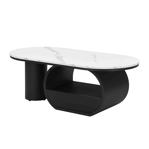 Image of Faux Marble Nesting Coffee Table Set of 2 | Coffee Table Set with End Table,Oval Living Room Table with Gold Metal Base,Marble Grain Top & 1 Drawer,Stack Tea Table Set