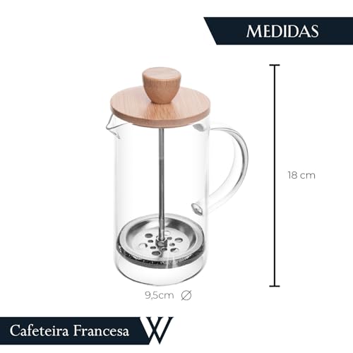 WOLFF - Cafeteira Prensa Francesa de Vidro Borossilicato e Tampa de Bambu - Capacidade 600ml