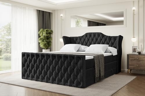 ALTDECOR Boxspringbett mit Matratze und Lattenrost, Topper, Fußteil,Polsterbett mit Bettkasten, Bett mit Stauraum H3- und H4- Matratze, Doppelbett - Vila-Z King - 200x200 - Schwarz Samt