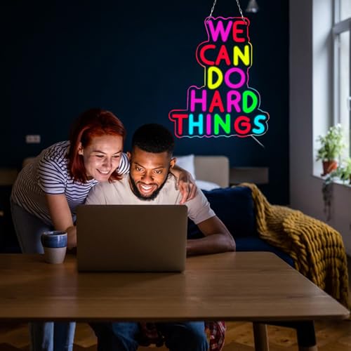 Image of We Can Do Hard Things Neon Signs Dimmable LED Inspire Neon Lights Wall Decor for Kids Room Classroom Bedroom Living Room Study Gift Art for Kids Friends -14.61 x 12.2 IN-USB Powered-Acrylic