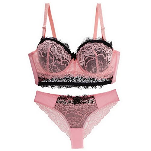 Women Lingerie Set Floral Lace Bra and Panty Set 2 Piece Push Up Bra Panty Set Pink