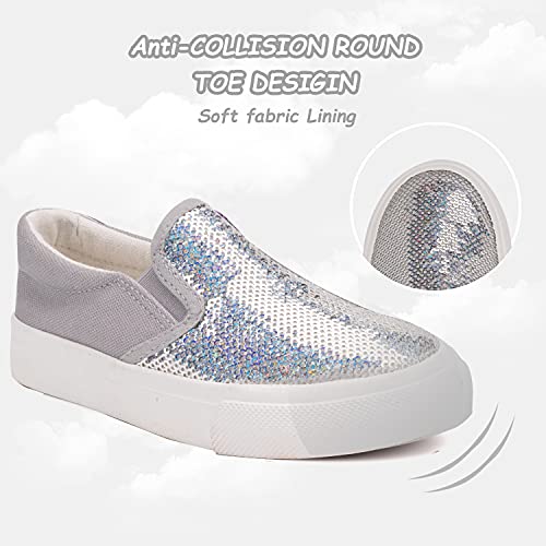 Toandon Toddler Girls Canvas Loafer Shoes Slip On Sneakers Baby Kids Sequins Glimmer Glitter Sparkle Low Top Non Slip Rubber Sole Lightweight Breathable Walking Outdoor Fashion Casual Grey Size 12 #TOP3