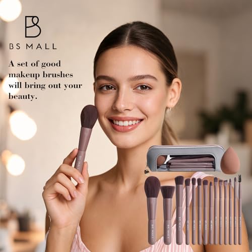 Image of BS-MALL 14 Pcs Makeup Brushes Set with 1 Pcs Makeup Sponge - Essential Foundation Powder Concealers, Eye Shadows, Blush Makeup Brushes with Travel Makeup Case (Brown)