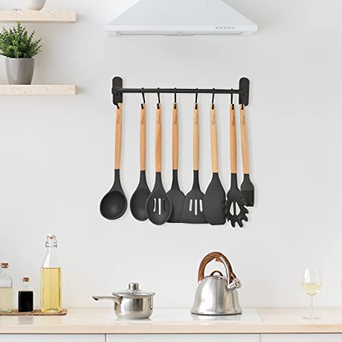 joeji's Kitchen Utensil Rack 40cm - Aluminium Kitchen Rail with 8 Hanging Hooks - Wall Mount Strong 3M Self Adhesive - No Drill Space-Saving Tool Holder - Black - Image 5
