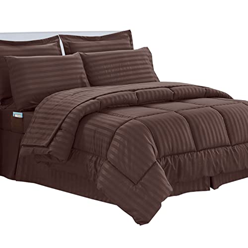 Elegant Comfort Cozy and Soft 8-Piece Bed-in-a-Bag All Season Comforter Set, Includes 4pc Smart Sheet Set, Bed Skirt, Comforter, Matching Pillowcases and Shams, Striped Design, King/Cal King, Brown