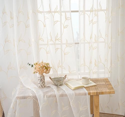 VISIONTEX 2 Panels Sheer Curtains 108 Inches Long, Cream Beige Floral Leaf Embroidered Semi Sheer Voile Curtains, Rod Pocket Light Filtering Window Drapes for Bedroom Living Room 54W x 108L by VISIONTEX - Image 6