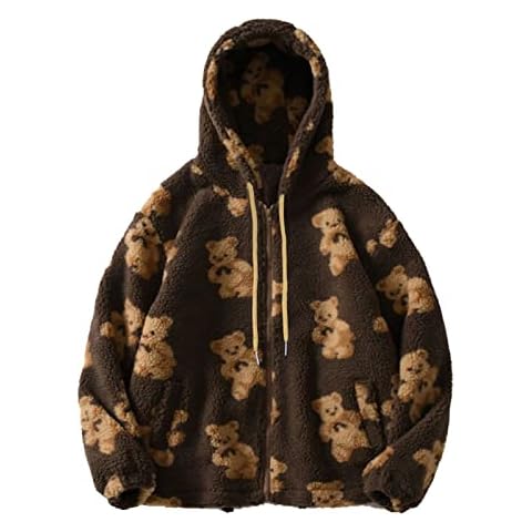 Women Girls Winter Fall Fleece Jacket Fuzzy Zip Up Hoodies Cropped Cute Bear Print Warm Teddy Coat with Hood Khaki Cover