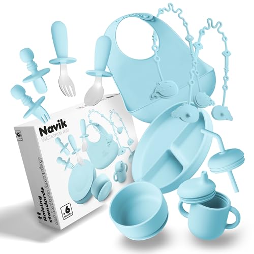 Navik | Set vajilla bebe de silicona 12 piezas | Contiene plato ventosa dividido | vaso aprendizaje | juego cucharas | cuenco | babero | +6 meses | Azul — imagen 1