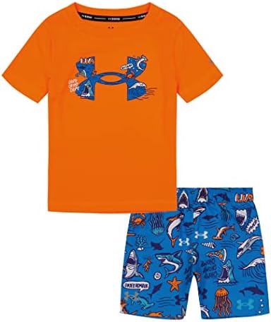 Under Armour Boys' Swim Volley Set, Sleeve Shirt & Matching Shorts, Lightweight & Breathable, Orange Blast Shark