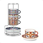 vancasso SIMI Cup and Saucer Set of 4, 4oz/120ml Coffee Cups Set, Porcelain Espresso Cups with Metal Stand, Microwave & Dishwasher Safe, Cup Suitable for Macchiato, Piccolo Latte, Small Cappuccino