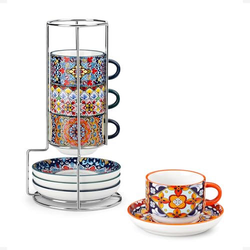vancasso SIMI Cup and Saucer Set of 4, 4oz/120ml Coffee Mugs Collection, Porcelain Espresso Cups with Metal Stand, Microwave & Dishwasher Safe, Ideal for Macchiato, Piccolo Latte, Small Cappuccino