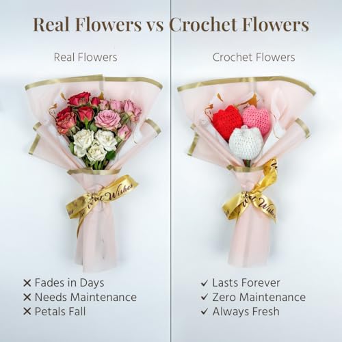 Image of HindCraft Handmade Crochet Tulip Flower Bouquet | Red White Pink Knitted Tulip Bouquet | Artificial Forever Flowers Gift for Birthday Anniversary Valentine Home Decor