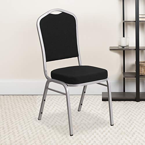 EMMA + OLIVER 4 Pack Crown Back Stacking Banquet Chair in Black Fabric - Silver Frame