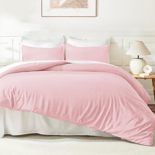 Image of Litanika Pink Comforter Set Queen Size, 3 Pieces Lightweight Soft Fluffy Solid Bedding Set, All Season Bed Set (90x90In Comforter & 2 Pillowcases)