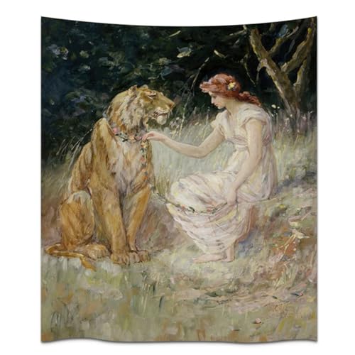 Floral Maiden And Lion Tapestries Soft Fabric Vintage Boho Art