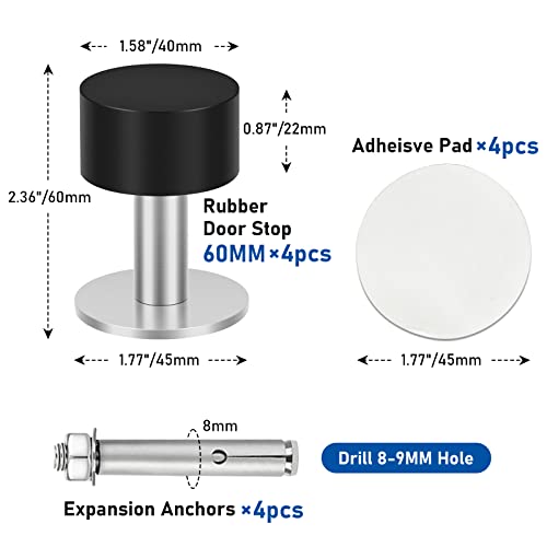 Kolako Black Door Stops, Floor Door Stoppers, No Drill Heavy Duty Modern Cylindrical Doorstops Rubber Bumper Adhesive Door Stop Wall Protector, Door Stoppers For Bottom Of Door, 4 Pack #TOP1