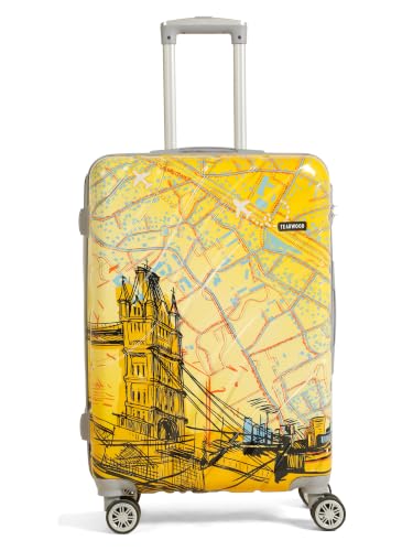 Image of Teakwood Premium Polypropylene Hard Case Printed Trolley Bag, Lightweight Unbreakable Luggage, 360 Dual Spinner Wheels, Side Combination Lock, Smooth Glide,Yellow, Medium
