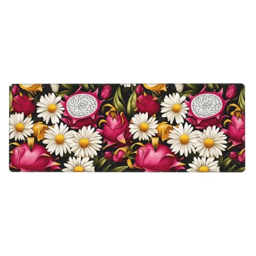 Grand tapis de souris de jeu en caoutchouc marguerite et dragon fruit avec bords cousus