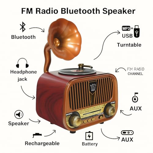 Image of Fire Turtle Vintage-Style FM Radio with Bluetooth Speaker | Portable Retro Music Player with Type-C Charging USB, SD Card, Headphone Jack & Frequency Knob - Brown