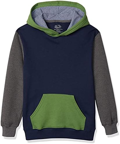 Fruit of the Loom Boys' Fleece Hoodie Sweatshirt, Ghost Game Green/Charcoal Heather/Times Square Navy Stripe, Medium