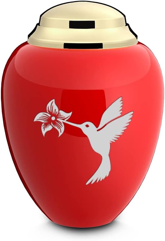 GetUrns Keepsake Tribute Hummingbird Cremation Urn (Red and Shiny Brass)