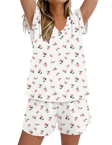 Image of Rapbin Womens Pyjamas Set Cute Pjs Short Sleeve V Neck Top Lounge Wear Sets for Women Pyjama Shorts Bridesmaid Pjs Set Soft Nightwear Co ord Sets White Rose Print S