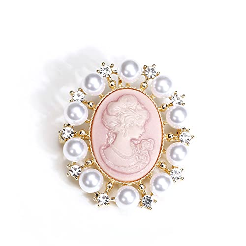 Rhinestone Pearl Cameo Brooch Pin for Women Girls Fashion Dainty Gold Tone Shell Pearls Crystal Wreath Carved Pink Victorian Lady Brooches Lapel Pins Vintage Dress Accessories Wedding Birthday Party Jewelry