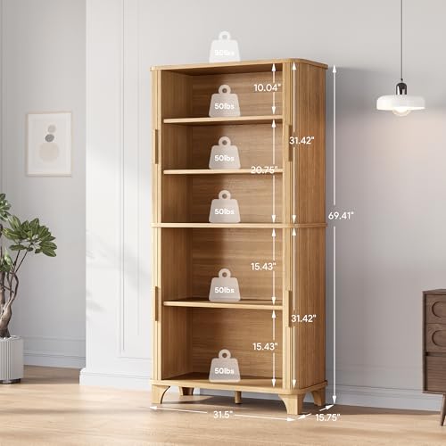 Image of Decofy 69 inch Tall Kitchen Pantry Storage Cabinet with Sliding Door, Modern Curved Edge Pantry Storage Cabinet with 5 Shelves, Cupboard for the Kitchen, Dining Room, Bedroom, Living Room, Office (Oak)