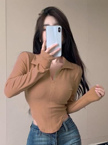 Image of Istyle Can Women's Top Solid Long Sleeve Ribbed Asymmetric Hem Casual T-Shirt with Zipper Collar. Full Sleeve, Rib Knit, Plain, Slim Fit
