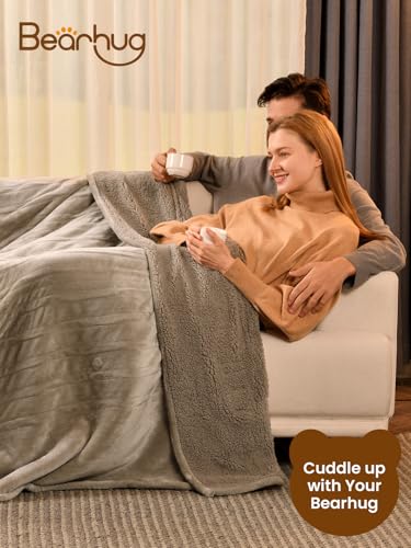 Image of Bearhug Electric Blanket Full Size, 90F-108F Fast Heating Throw with 10 Heat Levels & 1-12H Auto Shut-Off, Machine Washable Soft Velvet and Sherpa Heated Blanket for Bed or Couch, Taupe