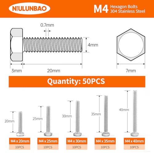 Image of M4 x 20mm 25mm 30mm 35mm 40mm Heavy Duty Hexagon Bolts Hex Head Screws, 304 Stainless Steel, Metric Machine Fully Threaded, Bright Finish, Assortment Kit 50PCS