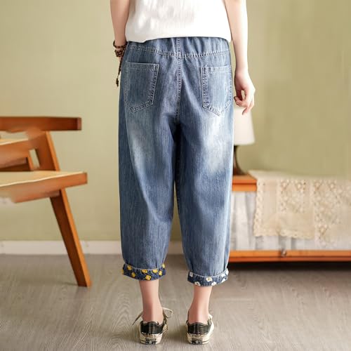 Women's Casual Floral Embroidered Jeans Elastic Waist Long Pants3