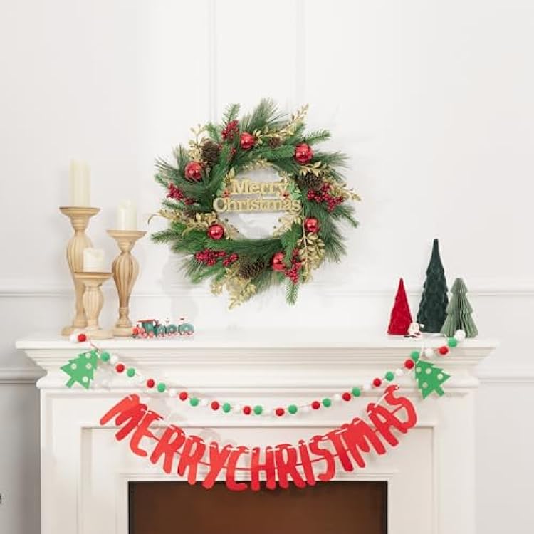 SHACOS Artificial Christmas Wreath 20 Winter Pine Wreath with Merry Christmas Sign Red Berries Christmas Balls Shinny Golden Leaves Xmas Decoration for Front Door Window Wall Holiday Indoor Outdoor