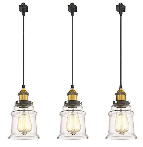 Kiven 3 Light H Track Fixtures,Rustic Chandeliers Industrial Pendant Ceiling Light with 3 Pieces Clear Glass Bell Light Shade,Dimmable