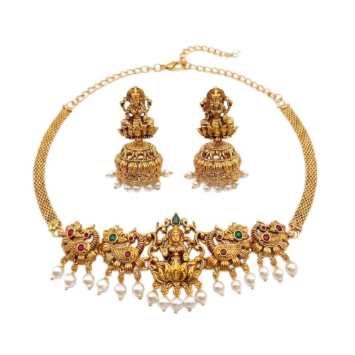 Traditional Antique Gold-Plated Lakshmi Choker Set - Temple Jewelry Peacock Necklace with Matching Jhumka Earrings | South Indian Choker for Women | Attigai,Elakkathali,Kante, Addige