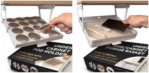 KEEPERS Under Cabinet Nespresso & Keurig Pod Holder + Slide-Out Drawer Bundle - 16 Pod Dual-Compat Organizer + RV/Office Storage Tray - White Steel - Small Space Coffee Bar Set