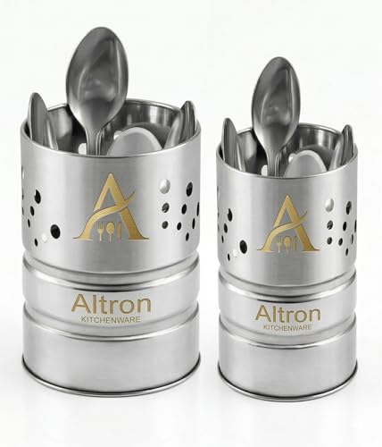 Image of ALTRON Stainless Steel Cutlery Holder Combo Set (2 Pcs - Medium & Small) | Multipurpose Spoon Fork Knife Stand | Pen Holder, Toothbrush & Makeup Brush Organizer | Kitchen & Dining Table Utensil Storag