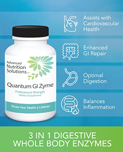 Advanced Nutrition Solutions Quantum Gi Zyme Professional Grade Whole Body Digestive Enzymes - Gut Health, Bloating, Ibs, Gas & Gi Distress. Pancreatin. May Improve Overall Digestion For Men & Women #TOP2