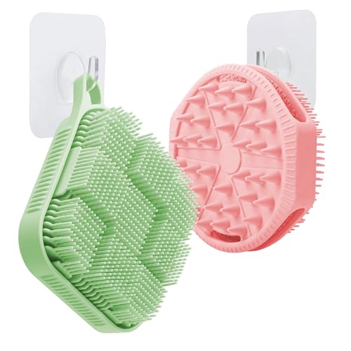 Mabnuby 2 Pack Silicone Body Scrubber, Exfoliating Silicone Loofah Shower Scrubber for Men & Women, 2-in-1 Food-Grade Antibacterial Dual-Sided Bath & Shampoo Brush for Sensitive Skin, Green + Pink