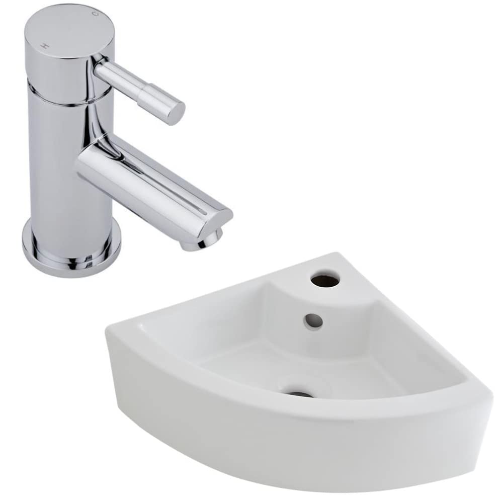 Milano White Newby Wall Hung Corner Bathroom Basin Sink Mono Mixer Tap - 460Mm X 320Mm